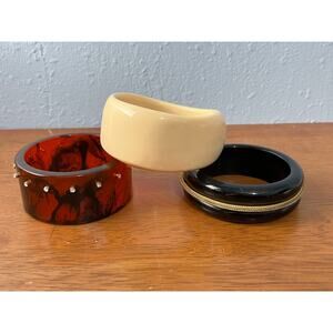 VTG Celluloid Bangle Bracelet Lot Chunky Ivory Black Bling Lucite Tortoise Shell